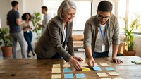 Senior businesswoman and young male colleague collaborating on project planning with sticky notes in modern office workspace.