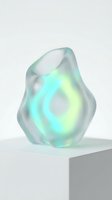 Translucent glass sculpture with glowing cyan and lime neon light effects, organic flowing form on white pedestal, modern art installation for contemporary design projects.