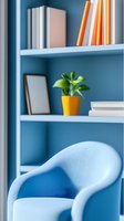Modern home office corner with blue armchair, white bookshelf, potted plant in yellow pot, and books. Clean minimalist interior design for workspace or reading nook.