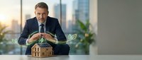 Mature male professional in dark business suit holding wooden house model with glowing green leaf icons, representing sustainable real estate investment and eco-friendly property development.