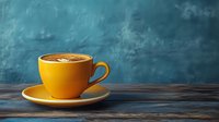 Yellow ceramic cup with fresh cappuccino and latte art on wooden table against textured blue wall background, moody coffee shop atmosphere.