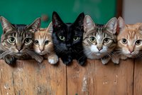 Five curious cats of different colors - tabby, ginger, black, and mixed breeds - peeking over wooden fence together, creating charming group portrait with expressive eyes.