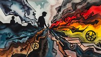 Silhouette of person standing at crossroads with multiple diverging paths in dramatic watercolor style with vibrant colors and mystical symbols for decision concepts.