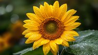 Bright yellow sunflower with water droplets on petals and leaves, close-up macro photography showing detailed center and natural garden background.