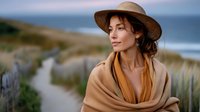 Young woman in straw hat and beige wrap shawl standing on coastal path with ocean view, exuding tranquility and contemplative mood.