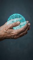 Mature male hands holding glowing digital globe with circuit board pattern against dark background, representing global technology, connectivity, and digital innovation for business concepts.