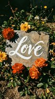 Love written in white calligraphy on a rustic stone surrounded by vibrant orange and yellow roses in a sunny garden setting.