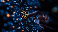Finger pointing at glowing sun icon amid digital network connections with blue and orange light particles on dark background. Technology concept for energy solutions.
