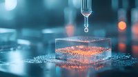 Glowing orange liquid droplet suspended above transparent layers creating magical effect with bokeh background in blue tones. Scientific concept visualization.