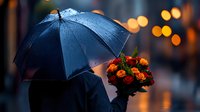 Young woman holding orange roses bouquet under black umbrella in rain at dusk, with romantic bokeh lights creating atmospheric mood for Valentine's Day or anniversary concept.