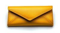 Yellow leather envelope clutch purse with stitched edges isolated on white background for fashion and accessory design projects.