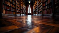 Dramatic perspective of long library corridor with wooden floor reflecting warm light, towering bookshelves on both sides leading to window with curtains.