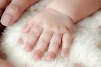 Close-up of baby's tiny hand resting on soft white fur, showing delicate skin texture and gentle touch. Peaceful and tender moment capturing infant development.