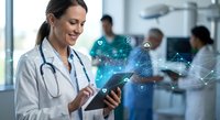 Female doctor using digital tablet with holographic medical technology interface in modern hospital clinic for healthcare innovation.