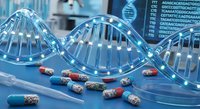 Futuristic DNA double helix structure with glowing nodes and colorful medical capsules on blue laboratory background for biotechnology research.