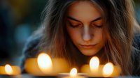 Young woman with closed eyes in peaceful meditation surrounded by warm glowing candles creating serene atmosphere for mindfulness and relaxation practices.