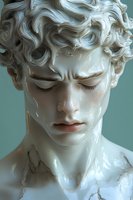 Marble-like sculpture of young male face with closed eyes and curly hair against turquoise background, showing classical Greek and Roman art influence.
