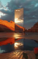 Surreal desert landscape with giant mirror reflecting golden sunset, silhouetted figure standing before reflective monolith, dramatic clouds and mountain backdrop with water reflection.