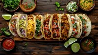 Mexican street tacos with various fillings arranged on wooden board, garnished with fresh limes, cilantro, and served with traditional salsas and toppings in clay bowls.
