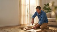 Middle-aged Caucasian man assembling wooden furniture in bright modern living room with natural sunlight streaming through windows.