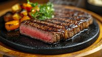 Grilled beef steak with perfect sear marks served on cast iron plate with roasted vegetables and fresh herbs for restaurant menu and culinary content.