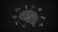 Digital brain network with business icons on dark background representing artificial intelligence and data analytics for marketing strategies.