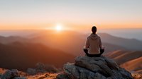 Young man meditating on mountain peak during golden sunrise with layered hills and warm orange sky creating peaceful mindfulness moment for wellness and spirituality.