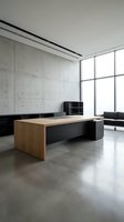 Modern minimalist office interior with wooden desk, concrete walls, and floor-to-ceiling windows. Contemporary workspace design for corporate, architectural, and interior design projects.