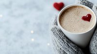 Cozy winter scene with hot chocolate in white mug held by knitted mittens, decorated with red heart shapes. Romantic holiday drink with soft bokeh background.