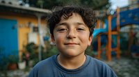 Happy young Latino boy with curly hair smiling at camera in colorful neighborhood setting for community and childhood concepts.