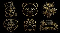 Six golden panda clipart icons isolated on transparent background, featuring bear face, paw, bamboo, and ribbon. Ready for stickers, t-shirt design, and print on demand.