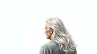 Senior woman with long silver hair viewed from behind, wearing gray sweater against white background. Isolated stock photo suitable for healthcare, beauty, aging, and lifestyle design projects.