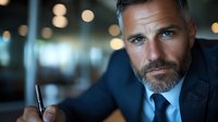 Confident mature businessman in navy suit signing documents at modern office with bokeh lights background, displaying professional leadership.