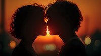 Romantic couple silhouettes about to kiss at sunset with warm orange glow and bokeh lights creating intimate atmosphere for love and relationship concepts.
