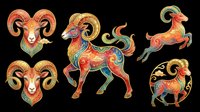 Colorful zodiac ram and goat characters with ornate horns and decorative patterns, isolated on transparent background. Ready for clipart, t-shirt design, stickers, and print-on-demand projects.