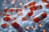 Red and white medical capsules with water droplets in artistic macro photography. Perfect for healthcare, pharmaceutical advertising, and medical publications.