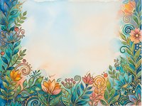 Watercolor floral frame with teal leaves, colorful blooms, and swirling ornaments on a soft pastel background with copy space.