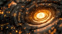 Futuristic spiral tunnel with glowing orange energy core and metallic technological details creates dramatic sci-fi atmosphere. Digital art for gaming backgrounds.