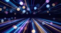 Abstract speed motion blur with colorful light streaks and bokeh effects creating dynamic tunnel perspective for technology and futuristic design concepts.