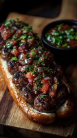 Grilled meatball sandwich with fresh herb salsa verde on crusty bread served on wooden cutting board with sauce bowl for gourmet dining and restaurant menu.