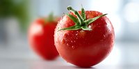 Fresh ripe red tomato with water drops and green stem on light background, macro shot with selective focus for food and cooking concepts.
