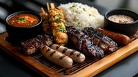 Grilled meat platter with assorted sausages, chicken skewers and beef steaks served with white rice and spicy dipping sauces on wooden board. Restaurant menu.