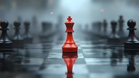 Red queen chess piece standing out among black pawns on board, symbolizing leadership, strategy, and competitive advantage in business and decision-making.