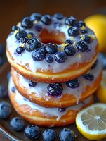 Fresh blueberry lemon cake with white glaze dripping down golden layers, topped with juicy berries for bakery dessert menu or recipe blog content.