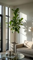 Tall fiddle leaf fig tree in modern living room with natural sunlight streaming through large windows creating dramatic shadows on neutral walls.