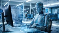 Futuristic humanoid robot working at computer in modern tech laboratory with glowing blue circuits and advanced AI technology for automation concepts.