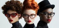 Diverse fashion models with stylish eyewear, vibrant hairstyles, and bold red lips showcasing contemporary eyeglass frames against minimalist background.