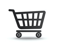 Black shopping cart icon with wheels on white background, minimalist design for e-commerce websites and retail applications.