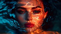 Dramatic portrait combining fire and water elements with glowing orange lightning patterns on face against deep blue background, creating ethereal contrast and mood.