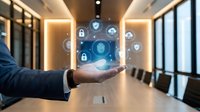 Businessman holding digital globe with security icons and data protection symbols in modern office conference room with neon lighting.